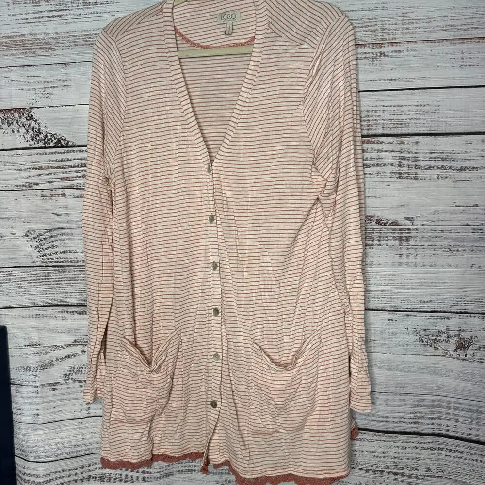Logo by Lori Goldstein Button Front Long Sleeve Stripped Cardigan L